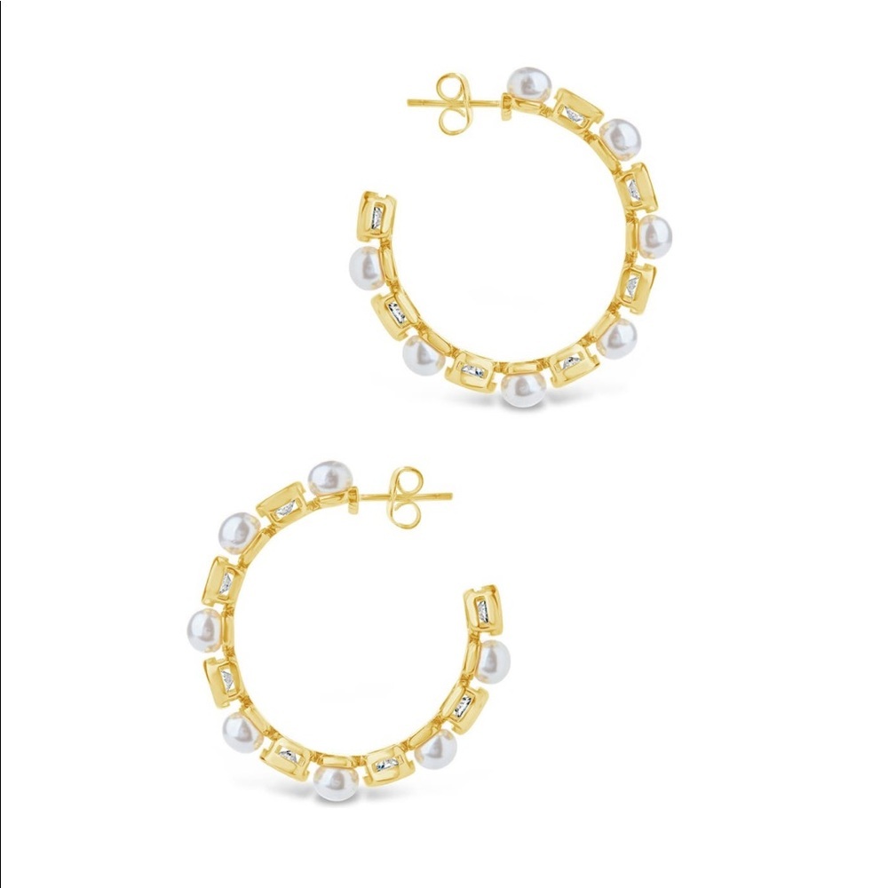 Sterling Silver Theodora 14K gold‎ plated cubic zirconia pearl Hoop Earrings - Picture 6 of 11